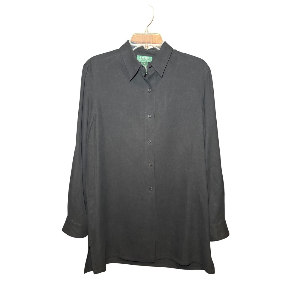 Lauren Ralph Lauren Silk Blouse Womens Medium Black Button Down Tunic Shirt